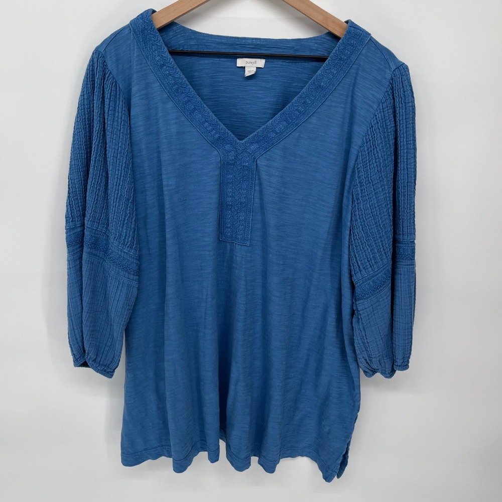 Pure Jill Tunic Top Womens 2X Blue Cotton Gauze Sleeve V-Neck Boho Slub Knit - Picture 2 of 9